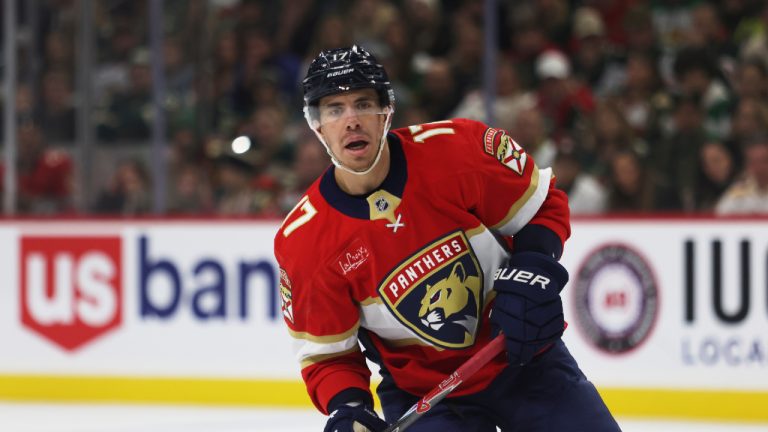 Florida Panthers' Evan Rodrigues (17) plays against the Minnesota Wild during the third period of an NHL hockey game, Saturday, Jan. 24, 2026, in St. Paul, Minn. (Lily Dozier/AP)