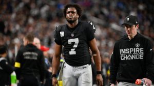 Las Vegas Raiders quarterback Geno Smith (7) leaves the field during the second half of an NFL football game against the New York Giants Sunday, Dec. 28, 2025, in Las Vegas. (David Becker/AP)