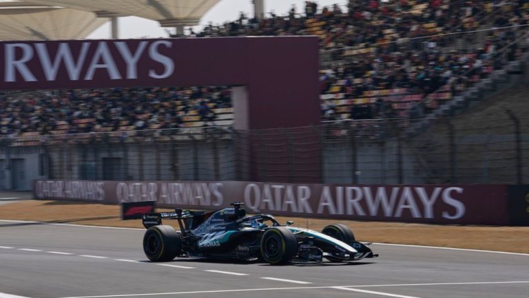 Mercedes driver George Russell of Britain steers his car during the first practice session ahead of the Chinese Formula One Grand Prix, in Shanghai, China, Friday, March 13, 2026. (AP/Andy Wong)
