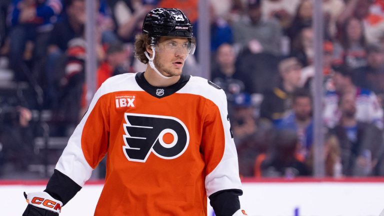 Philadelphia Flyers right winger Nikita Grebenkin in action during the first period of an NHL hockey game against the New York Rangers, Monday, March 9, 2026, in Philadelphia. (Chris Szagola/AP)