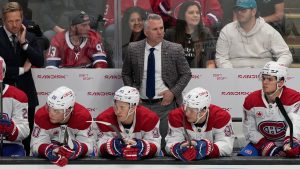Montreal Canadiens head coach Martin St. Louis watches from the bench during the third period of an NHL game against the San Jose Sharks in San Jose, Calif., Tuesday, March 3, 2026. (AP/Jeff Chiu)