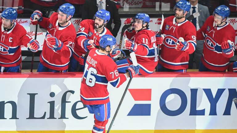 Montreal Canadiens' Zachary Bolduc (76) celebrates with teammates after scoring against the Columbus Blue Jackets during third period NHL hockey action in Montreal, Thursday, March 26, 2026. (Graham Hughes/CP)