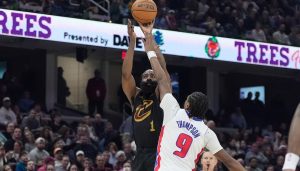 Cleveland Cavaliers guard James Harden shoots as Detroit Pistons guard Ausar Thompson defends in the first half of an NBA game in Cleveland, Tuesday, March 3, 2026. (AP/Sue Ogrocki)