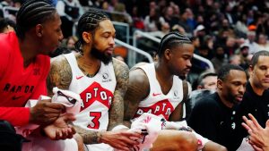 Toronto Raptors' RJ Barrett, left to right, Brandon Ingram and Jamal Shead during second half NBA basketball action in Toronto on Wednesday, Jan. 28, 2026. (Frank Gunn/CP)