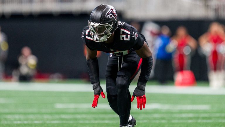 Atlanta Falcons linebacker James Pearce Jr. (27) lines up during the first half of an NFL football game against the New Orleans Saints, Sunday, Jan. 4, 2026, in Atlanta. (Danny Karnik/AP)