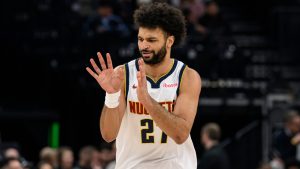 Denver Nuggets guard Jamal Murray reacts to making a 3-point basket during the first half of an NBA basketball game against the Utah Jazz, Monday, March 2, 2026, in Salt Lake City. (Tyler Tate/AP)