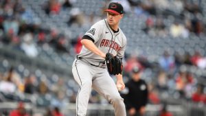 Arizona Diamondbacks relief pitcher Joe Mantiply in action during a baseball game against the Washington Nationals, Sunday, April 6, 2025, in Washington. (AP/Nick Wass)