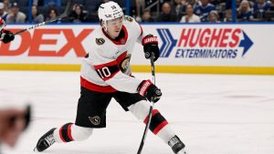 Ottawa Senators defenceman Jordan Spence (10) scores during the first period of an NHL hockey game against the Tampa Bay Lightning Saturday, March 28, 2026, in Tampa, Fla. (Jason Behnken/AP)