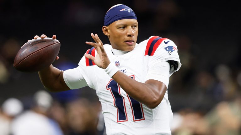 New England Patriots quarterback Josh Dobbs warms up before an NFL football game against the New Orleans Saints, Sunday, Oct. 12, 2025, in New Orleans. (Butch Dill/AP)