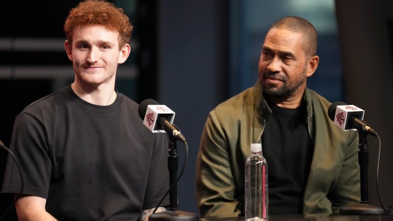 Toronto FC’s latest signing Josh Sargent left, sits alongside Toronto FC Head Coach Robin Fraser, as he attends a press conference in Toronto, on Wednesday March 4, 2026.THE CANADIAN PRESS/Chris Young