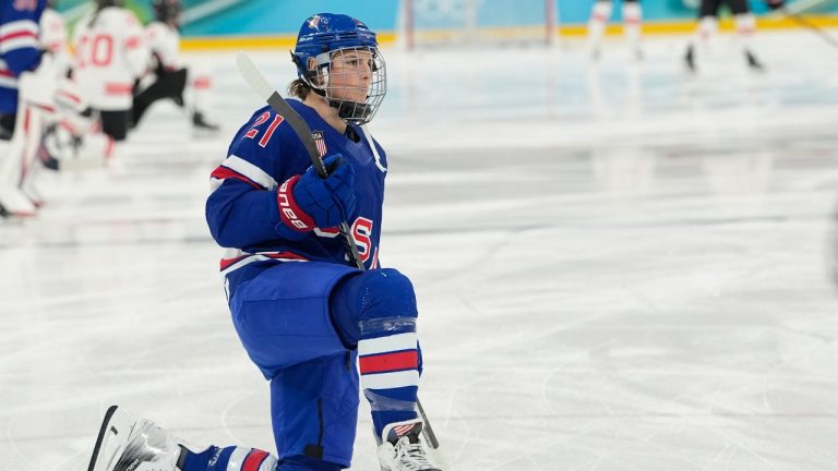 United States' Hilary Knight (21) warms up before a women's ice hockey gold medal game between the United States and Canada at the 2026 Winter Olympics, in Milan, Italy, Thursday, Feb. 19, 2026. (Hassan Ammar/AP)