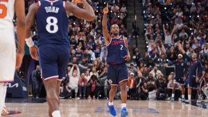 Los Angeles Clippers forward Kawhi Leonard (2) celebrates his three-point basket during the second half of an NBA basketball game against the New York Knicks Monday, March 9, 2026, in Inglewood, Calif. (Jae C. Hong/AP)