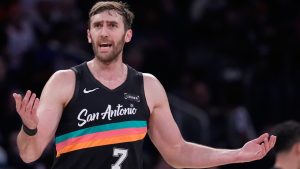 San Antonio Spurs' Luke Kornet reacts to a call during the first half of an NBA basketball game against the New York Knicks Sunday, March 1, 2026, in New York. (Seth Wenig/AP)