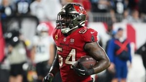 Tampa Bay Buccaneers linebacker Lavonte David celebrates after recovering a fumble by Carolina Panthers running back Rico Dowdle during the second half of an NFL game Saturday, Jan. 3, 2026, in Tampa, Fla. (AP/Jason Behnken)