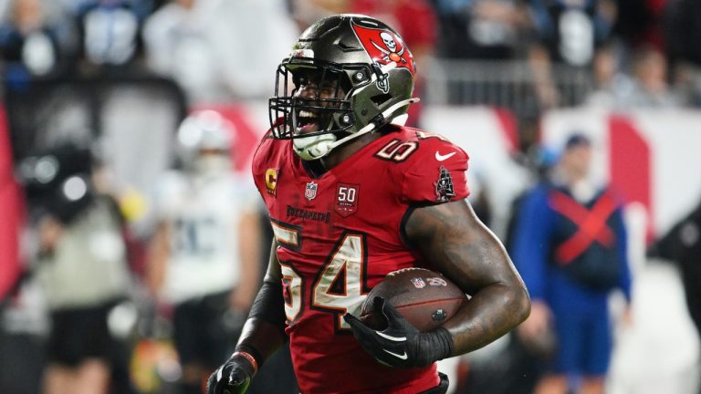 Tampa Bay Buccaneers linebacker Lavonte David celebrates after recovering a fumble by Carolina Panthers running back Rico Dowdle during the second half of an NFL game Saturday, Jan. 3, 2026, in Tampa, Fla. (AP/Jason Behnken)