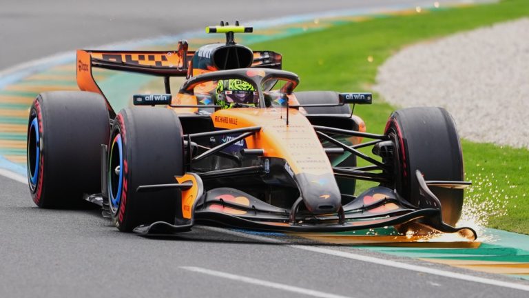 McLaren driver Lando Norris of Britain steers his car during the qualifying session for the Australian Formula One Grand Prix at Albert Park, in Melbourne, Australia, Saturday, March 7, 2026. (AP/Scott Barbour)