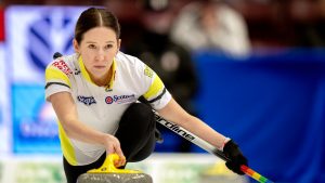 Team Manitoba's Kaitlyn Lawes delivers a rock during Scotties Tournament of Hearts finals curling action in Mississauga, Ont., Sunday, Feb. 2, 2026. (Frank Gunn/CP)