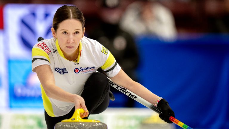 Team Manitoba's Kaitlyn Lawes delivers a rock during Scotties Tournament of Hearts finals curling action in Mississauga, Ont., Sunday, Feb. 2, 2026. (Frank Gunn/CP)