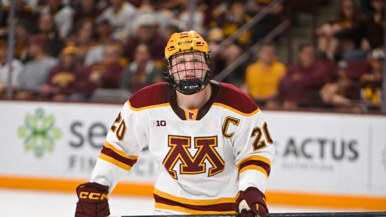 Minnesota defenceman Luke Mittelstadt skates to the puck against Michigan Tech during an NCAA hockey game on Friday, Oct. 3, 2025, in Minneapolis. (Craig Lassig/AP)