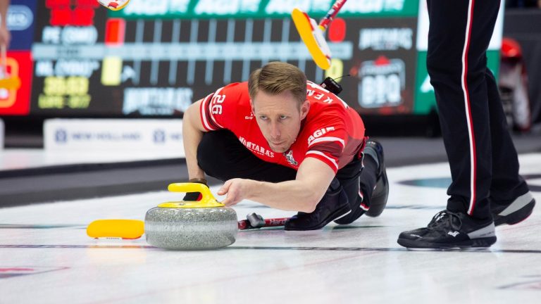 Canada third Marc Kennedy releases a rock during Draw 5 of the 2026 Montana Brier in St. John's, Sunday, March 1, 2026. (Paul Daly/CP)