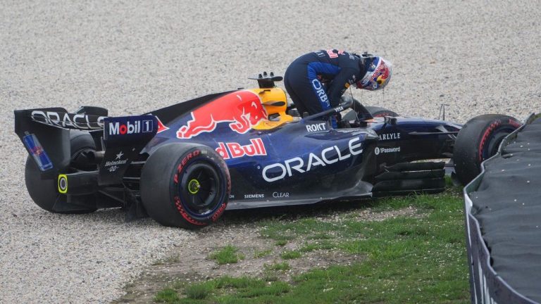 Red Bull driver Max Verstappen of the Netherlands gets out of his car after a crash during the qualifying session for the Australian Formula One Grand Prix at Albert Park, in Melbourne, Australia, Saturday, March 7, 2026. (AP/Asanka Brendon Ratnayake)