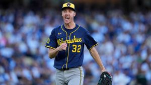 Milwaukee Brewers pitcher Jacob Misiorowski celebrates the end of the fourth inning against the Los Angeles Dodgers in Game 3 of baseball's National League Championship Series, Thursday, Oct. 16, 2025, in Los Angeles. (Brynn Anderson/AP)