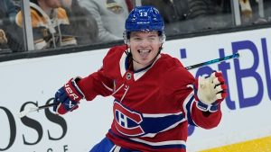 Montreal Canadiens right wing Cole Caufield celebrates after his goal during the first period of an NHL hockey game against the Boston Bruins in Boston, Saturday, Jan. 24, 2026. (Robert F. Bukaty/AP)