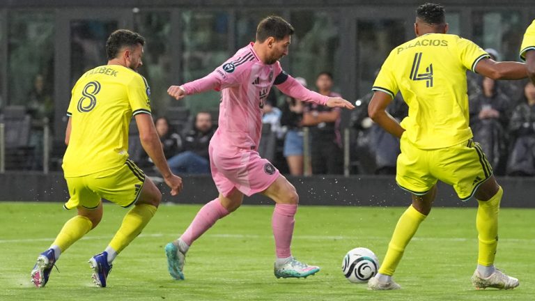 Inter Miami forward Lionel Messi (10) aims to score his 900th goal during a CONCACAF Champions Cup Round of 16 soccer match against Nashville, Wednesday, March 18, 2026, in Fort Lauderdale, Fla. (Marta Lavandier/AP)