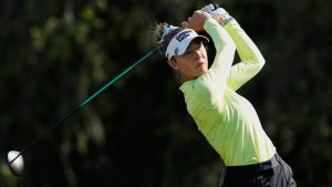 Nelly Korda, of the United States, hits from the 11th tee during the final round of the LPGA Fortinet Founders Cup golf tournament, Sunday, March 22, 2026, in Menlo Park, Calif. (AP Photo/Godofredo A. Vásquez)