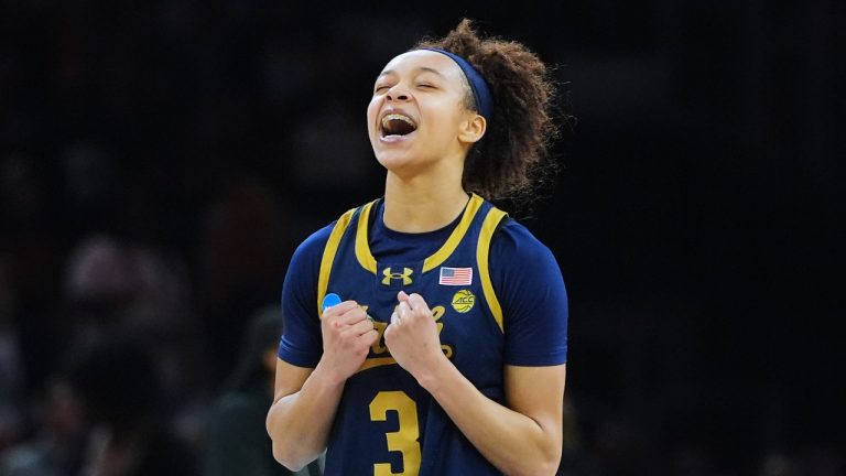 Notre Dame guard Hannah Hidalgo (3) celebrates late in the second half in the Sweet 16 of the NCAA college basketball tournament against Vanderbilt Friday, March 27, 2026, in Fort Worth, Texas. (LM Otero/AP)