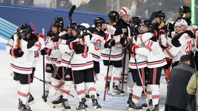 Ohio State celebrates their win over Yale after an NCAA college women's Frozen Four semifinal hockey game Friday, March 18, 2022, in State College, Pa. (AP/Gary M. Baranec)