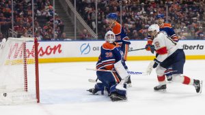 Florida Panthers' A.J. Greer (10) scores on Edmonton Oilers' goalie Connor Ingram (39) during first period NHL action, in Edmonton on Thursday, March 19, 2026. (Jason Franson/CP)