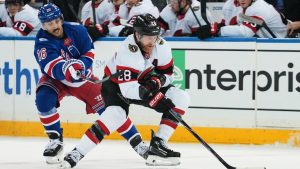 Ottawa Senators' Claude Giroux (28) drives past New York Rangers' Vincent Trocheck (16) during the second period of an NHL hockey game Monday, March 23, 2026, in New York. (Frank Franklin II/AP)