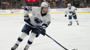 Penn State's Gavin McKenna skates against Arizona State during the second period of an NCAA college hockey game, Friday, Oct. 3, 2025, in Tempe, Ariz. (Rick Scuteri/AP)