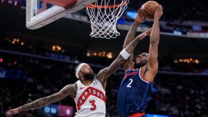 Los Angeles Clippers forward Kawhi Leonard, right, shoots as Toronto Raptors forward Brandon Ingram defends during the first half of an NBA basketball game Wednesday, March 25, 2026, in Inglewood, Calif. (Mark J. Terrill/AP)