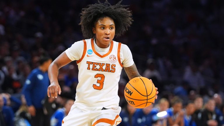 Texas guard Rori Harmon handles the ball in the second half in the Sweet 16 of the NCAA college basketball tournament against Kentucky, Saturday, March 28, 2026, in Fort Worth, Texas. (AP Photo/LM Otero)