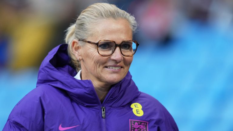 England's head coach Sarina Wiegman smiles at the beginning of the international women's friendly soccer match between England and Brazil in Manchester, England, Saturday, Oct. 25, 2025. (Jon Super/AP)
