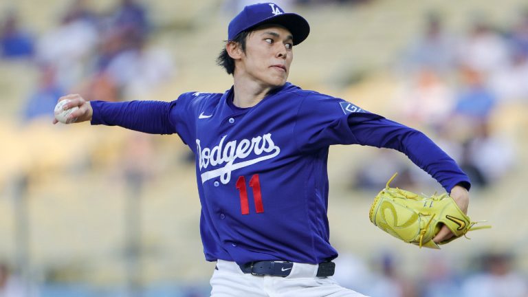 Los Angeles Dodgers starting pitcher Roki Sasaki throws during the first inning of a spring training baseball game against the Los Angeles Angels, Monday, March 23, 2026, in Los Angeles. (Ryan Sun/AP)