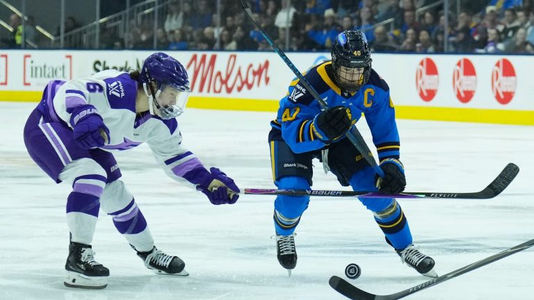 Toronto Sceptres forward Blayre Turnbull (40) breaks past Minnesota Frost forward Katy Knoll (6) during second period PWHL hockey action in Toronto on Sunday, March 8, 2026. THE CANADIAN PRESS/Nathan Denette