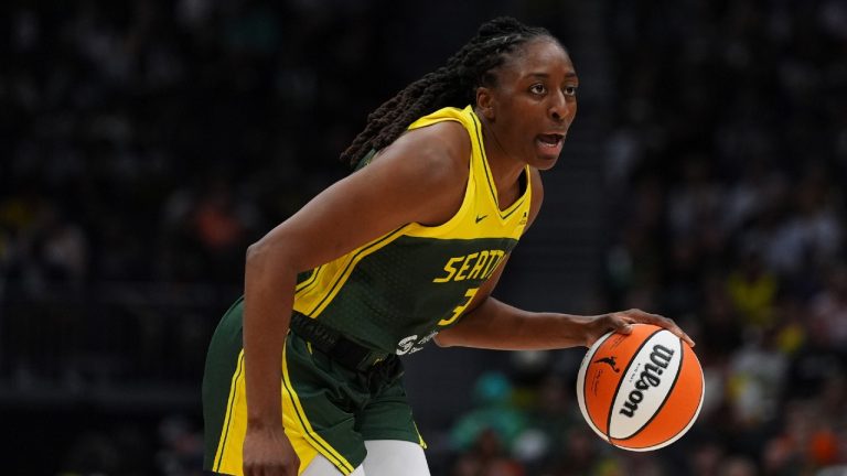 Seattle Storm forward Nneka Ogwumike moves the ball against the New York Liberty during a WNBA basketball game Sunday, June 22, 2025, in Seattle. (Lindsey Wasson/AP)
