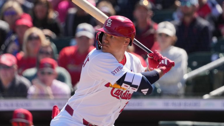 St. Louis Cardinals' JJ Wetherholt bats during the first inning of a spring training baseball game against the Miami Marlins Monday, Feb. 23, 2026, in Jupiter, Fla. (Jeff Roberson/AP)
