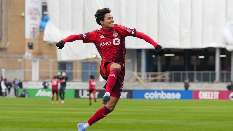 Toronto FC's Daniel Salloi (20) celebrates scoring his team's opening goal during first half MLS action against the New York Red Bulls, in Toronto, Saturday, March 14, 2026. (Chris Young/CP)
