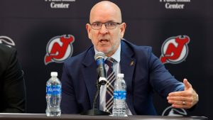 New Jersey Devils general manager Tom Fitzgerald talks a during press conference, May 28, 2024, in Newark, N.J. (Noah K. Murray/AP)