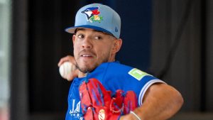 Toronto Blue Jays pitcher José Berríos throws a side at Spring Training in Dunedin, Fla. on Friday Feb. 20, 2026. (Frank Gunn/CP)