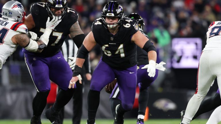 Baltimore Ravens centre Tyler Linderbaum in action during the second half of an NFL game against the New England Patriots, Sunday, Dec. 21, 2025, in Baltimore. (AP/Terrance Williams)