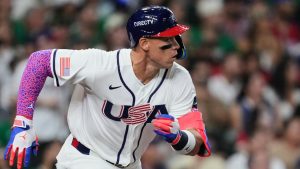 United States' Aaron Judge runs after hitting a single during the first inning of a World Baseball Classic game against Mexico, Monday, March 9, 2026, in Houston. (Ashley Landis/AP)