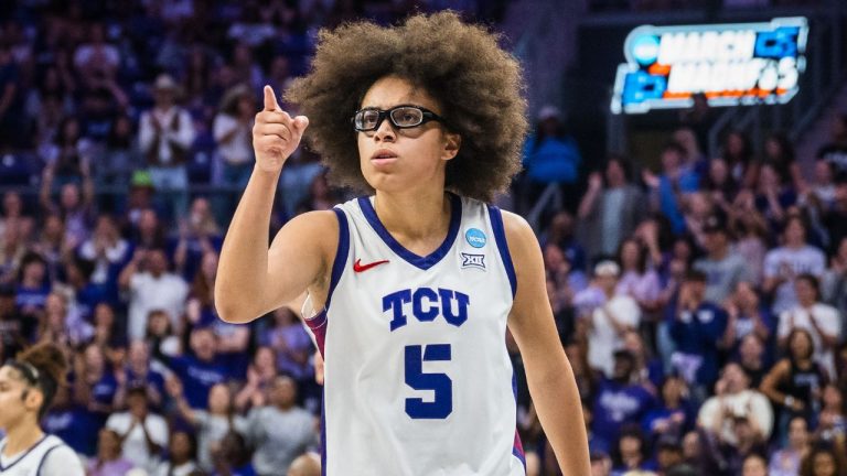 TCU guard Olivia Miles (5) reacts during the first half in the second round of the NCAA college basketball tournament Sunday, March 22, 2026, Fort Worth, Texas. (AP Photo/Jessica Tobias)
