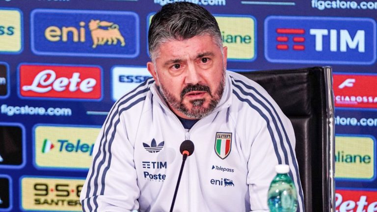 Italy's head coach Gennaro Gattuso gestures during the Italian team press conference in Florence, Italy, Monday, March 23, 2026. (Lapresse via AP)