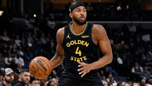 Golden State Warriors guard Moses Moody (4) plays in the first half of an NBA basketball game against the Memphis Grizzlies Wednesday, Feb. 25, 2026, in Memphis, Tenn. (AP Photo/Brandon Dill)
