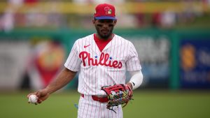 Philadelphia Phillies' Johan Rojas warms up before a spring training baseball game, Thursday, Feb. 26, 2026, in Clearwater. (AP Photo/Matt Slocum)